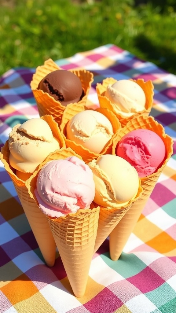 Six ice cream cones filled with different flavors of ice cream, set on a picnic blanket outdoors.